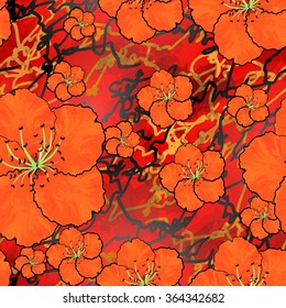 Vector seamless pattern with five-petal flowers on varicolored background. Ornament made from watercolor hand painted elements. 