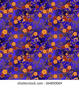 Vector seamless pattern with five-petal flowers on varicolored (mostly blue) background.