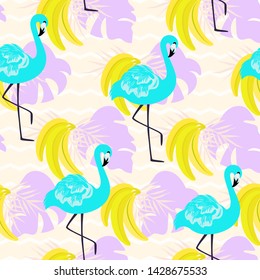 Vector seamless pattern with flamingo and banana. For wrapping paper, design poster, banner, print on clothes for boys or girls. Stylish fashion tropical background.