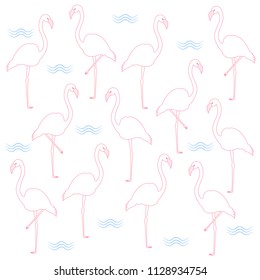 Vector seamless pattern with flamingo and blue waves on white background.  Tropical flamingo pattern. Stock vector. Vector illustration EPS10.