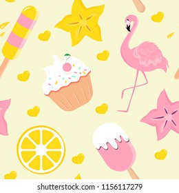 Vector seamless pattern with flamingo, cap cake, lemon and cannon slices, ice-cream. Fashion background for textile or fabric, cafe menu cover, wrapping paper, design banner. Creative summer wallpaper