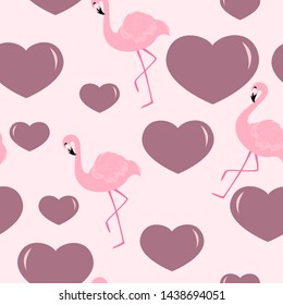 Vector seamless pattern with flamingo and hearts. For wrapping paper, design poster, banner, print on clothes for boys or girls. Stylish fashion background.