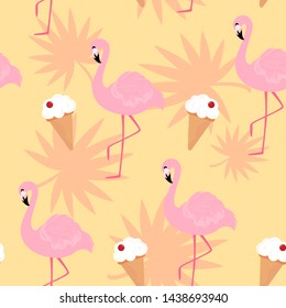 Vector seamless pattern with flamingo and ice cream. For wrapping paper, design poster, banner, print on clothes for boys or girls. Stylish fashion background.