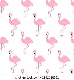 Vector seamless pattern with flamingo isolated on white backdrop. For wrapping paper, design poster, banner, print on clothes for boys or girls. Cute tropical background.