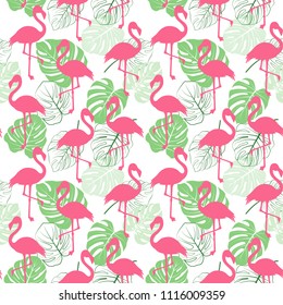 Vector seamless pattern with flamingo and leaves monstera