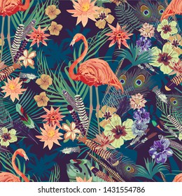 Vector seamless pattern with flamingo,  leaves, flowers.