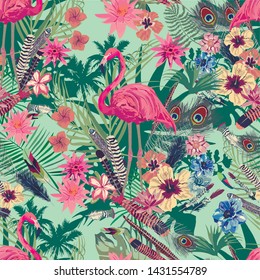 Vector seamless pattern with flamingo,  leaves, flowers.