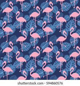 Vector seamless pattern with flamingo and leaves monstera