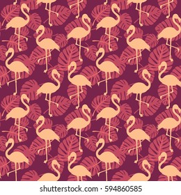 Vector seamless pattern with flamingo and leaves monstera