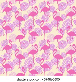 Vector seamless pattern with flamingo and leaves monstera
