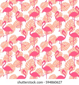 Vector seamless pattern with flamingo and leaves monstera