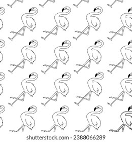Vector Seamless pattern with flamingo in outline style. Black monochrome line bird flamingo standing on one leg