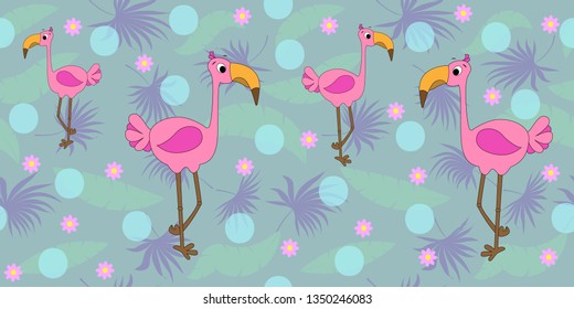 Vector seamless pattern with flamingo and palm leaves. Tropical pattern with cartoon flamingos.