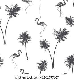 Vector seamless pattern with flamingo and palms in sketch style. Hand drawn texture with tropical birds and trees isolated on white background