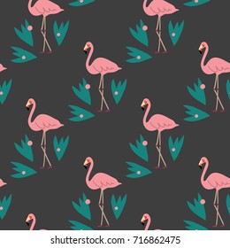 Vector seamless pattern with flamingo and plant on the dark background