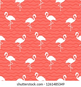 Vector seamless pattern with flamingo silhouettes on coral pink wavy background.