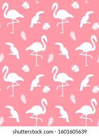 Vector seamless pattern of flamingo and toucan silhouette isolated on pink background