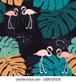 Vector seamless pattern with flamingo and tropical leaves