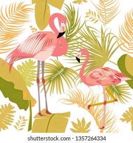 Vector seamless pattern with flamingo, tropical leaves and flowers. Exotic botanical design, hawaiian style shirt.