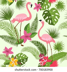 Vector seamless pattern with flamingo, tropical flowers and palm tree. Summer hawaiian background