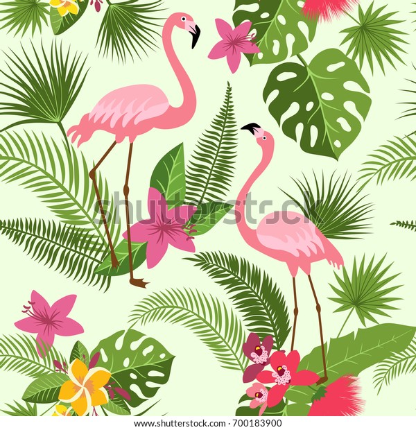 フラミンゴ 熱帯の花 ヤシの木のシームレスなベクター画像 夏のハワイの背景 のベクター画像素材 ロイヤリティフリー