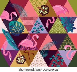 Vector sin fisuras con pájaro Flamingos y hojas de palma tropicales. Los exóticos antecedentes artísticos de Hawái son de moda tropical. Diseño de tela, textil, papel envolvente y otra decoración.