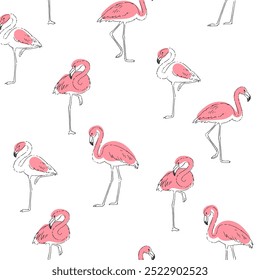 Patrón de Vector sin fisuras con flamencos aislados sobre fondo blanco. Textura sin fin con pájaros lindos en estilo boceto.
