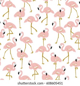 Vector seamless pattern with flamingos on the white background. Hand drawn tropical  design for fabric, wrap paper or wallpaper.