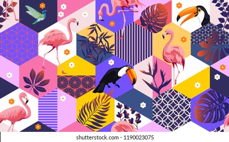 Vector con flamencos, Toucans, Hummingbird y hojas de palma tropicales. Los exóticos antecedentes artísticos de Hawái son de moda tropical. Diseño de tejidos, tejidos, papel de envolver y otros elementos decorativos