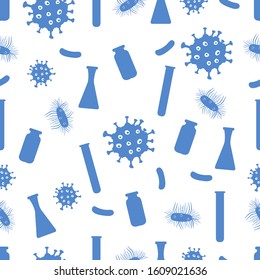 Vector seamless pattern flasks, microbe, virus, bacteria, disease germs microorganism on white background. Lab. Biology, medicine, pharmacy, experiment. Science. Design for websites, wrapping, print
