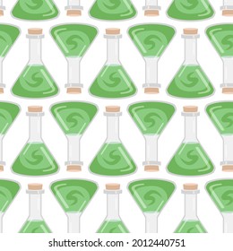 Vector seamless pattern of flasks of various shapes. Vessels for liquid. Colored Halloween elements
