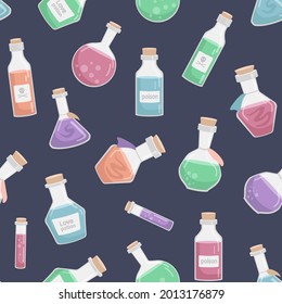 Vector seamless pattern of flasks of various shapes. Vessels for liquid. Colored Halloween elements