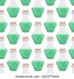 Vector seamless pattern of flasks of various shapes. Vessels for liquid. Colored Halloween elements