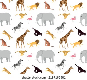 Vector seamless pattern of flat african wild animals isolated on white background