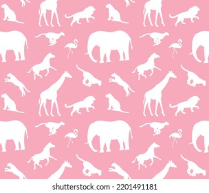 Vector seamless pattern of flat african wild animals silhouette isolated on pink background
