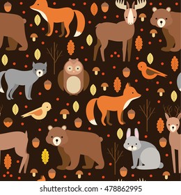 vector seamless pattern of flat animals. forest dwellers. wolf, fox, deer, elk, bear, rabbit, owl, bird. on an isolated background. zoo cartoon set. plants, berries, mushrooms, fruit