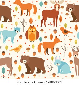 vector seamless pattern of flat animals. forest dwellers. wolf, fox, deer, elk, bear, rabbit, owl, bird. on an isolated background. zoo cartoon set. plants, berries, mushrooms, fruit