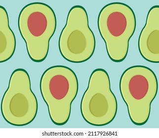 Vector seamless pattern of flat avocados isolated on blue background