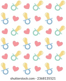 Vector seamless pattern of flat baby pacifier and hearts isolated on white background