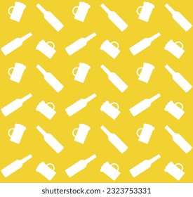 Vector seamless pattern of flat beer bottle and glass silhouette isolated on yellow background