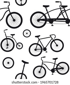 Vector seamless pattern of flat bicycle silhouette isolated on white background