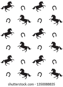 Vector seamless pattern of flat black horse silhouette and horse shoe isolated on white background 