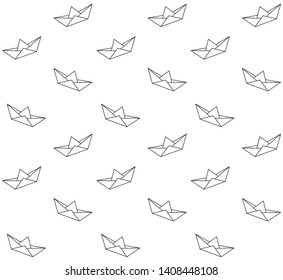 Vector seamless pattern of flat black line cartoon paper boat isolated on white background 