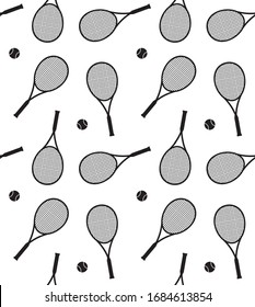 Vector seamless pattern of flat black tennis racket and ball silhouette isolated on white background