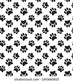 Vector seamless pattern of flat black animal dog cat foot print steps isolated on white background