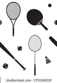 Vector seamless pattern of flat black different sport equipment isolated on white background