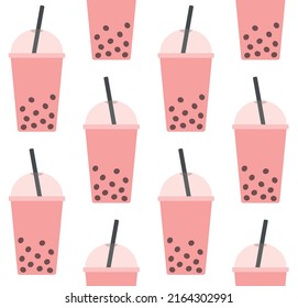 Vector seamless pattern of flat boba bubble tea isolated on white background