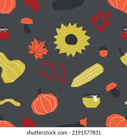 Vector seamless pattern with flat botanical elements. Geometrical symbols of autumn plants and vegetables - pumpkins, berries, nuts and mushrooms. Colorful decorative fall objects on grey background