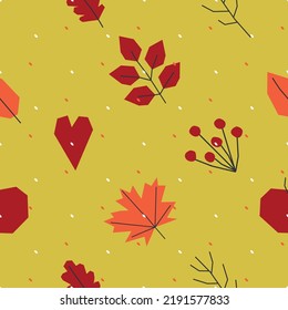 Patrón vectorial sin fisuras con elementos botánicos planos con ánimo de caída. Símbolos geométricos de la naturaleza otoñal - hojas, bayas rojas, lluvia y nueces. Objetos decorativos minimalistas sobre fondo amarillo. 