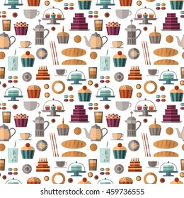 Vector seamless pattern with flat cakes, cupcakes, cookies, cups etc. Can be used for decoration of cards, web pages, textile, napkins etc.